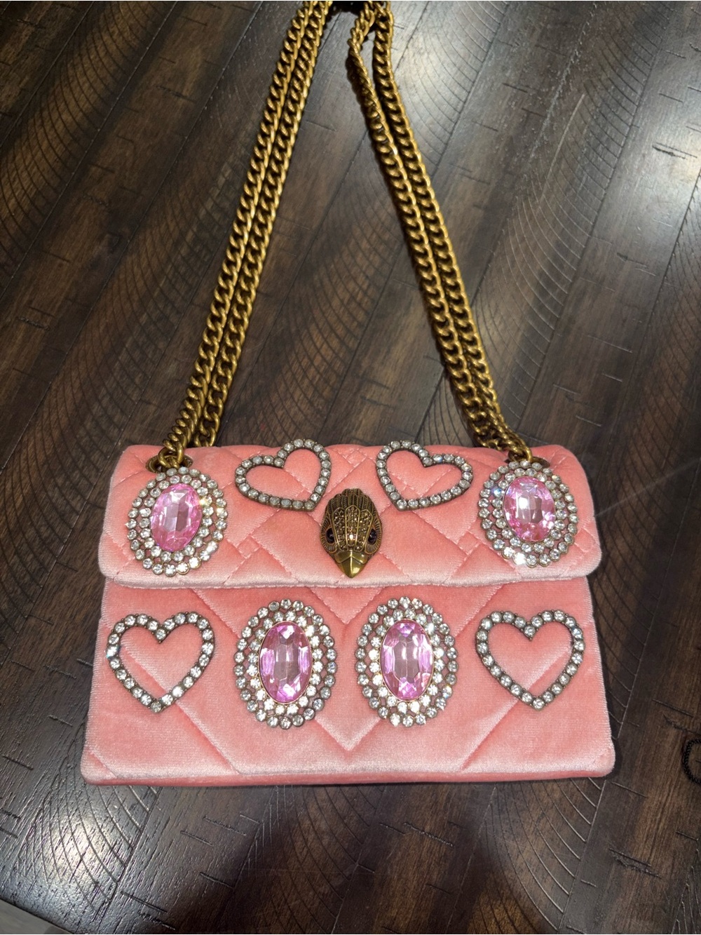 Kurt Geiger Pink Velvet Heart & Crystal-Embellished Shoulder Bag